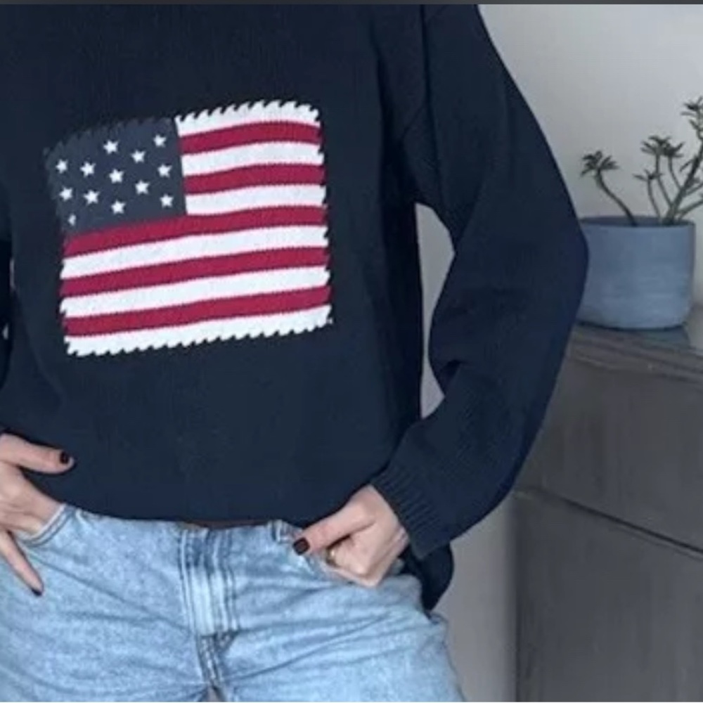 Vintage Liz & Co Flag Sweater Cotton Navy Blue Preppy Classic